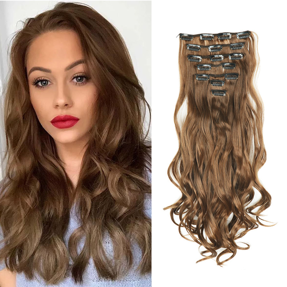 Extensiones de cabello con Clip, 7 Uds., cabeza completa, 22 pulgadas de largo, rizado, ondulado, sintético, Ondulado Natural para mujeres y niñas: #6