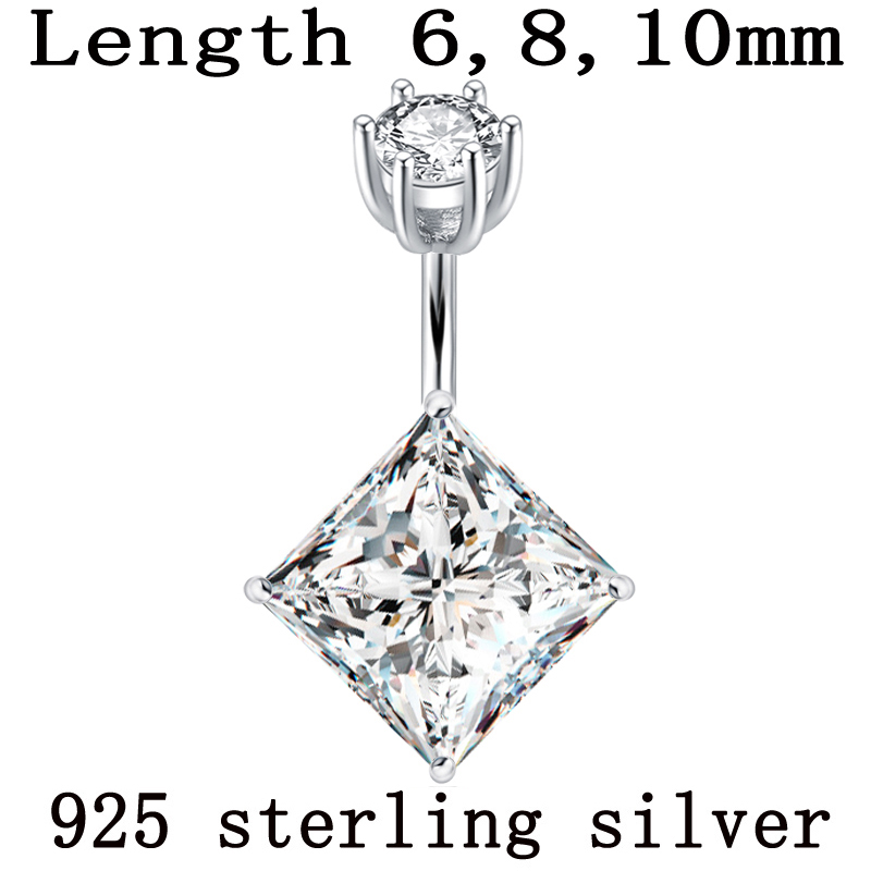 925 Sterling Zilver Vrouwen Belly Button Ring Vierkante Zirkoon Clear Grote Steen Body Sieraden Echt Fijne Sieraden