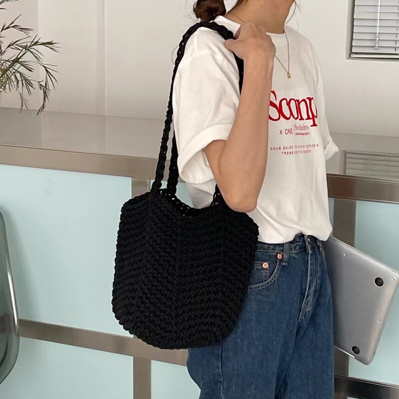 2022 Katoenen Draad Gebreide Vrouwen Handtassen Dames Netto Hollow Out Tote Vrouwen Geweven Schoudertas Strandtas Sets hele: Black