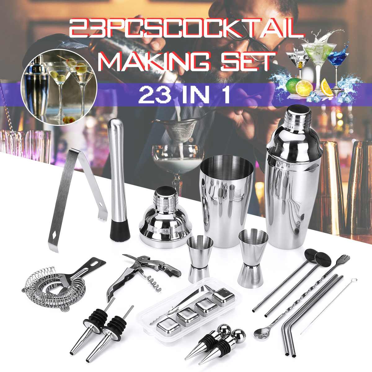23Pcs/Set Cocktail Shaker Mixer Set Stainless Steel Drinks Strainer Bottle Opener Maker poon Measure Cup Bar Bartender Tool Kit