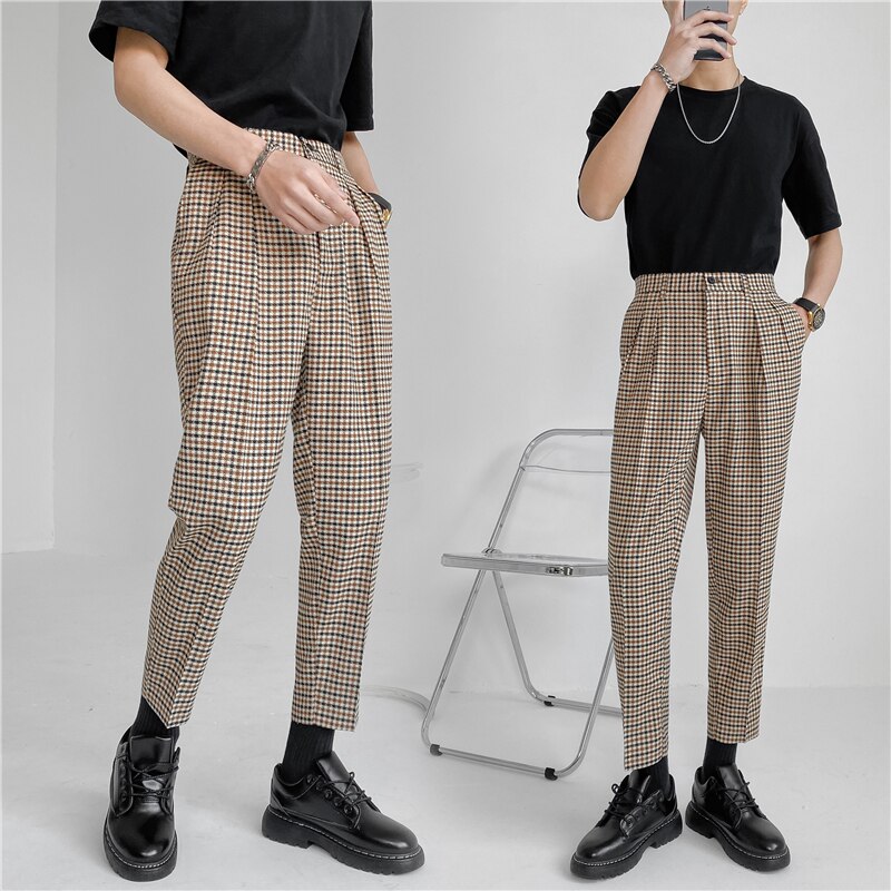 Pantalones de traje de pata de gallo para hombre, pantalón corto informal de estilo británico, cintura elástica, a la , para Social, Classique