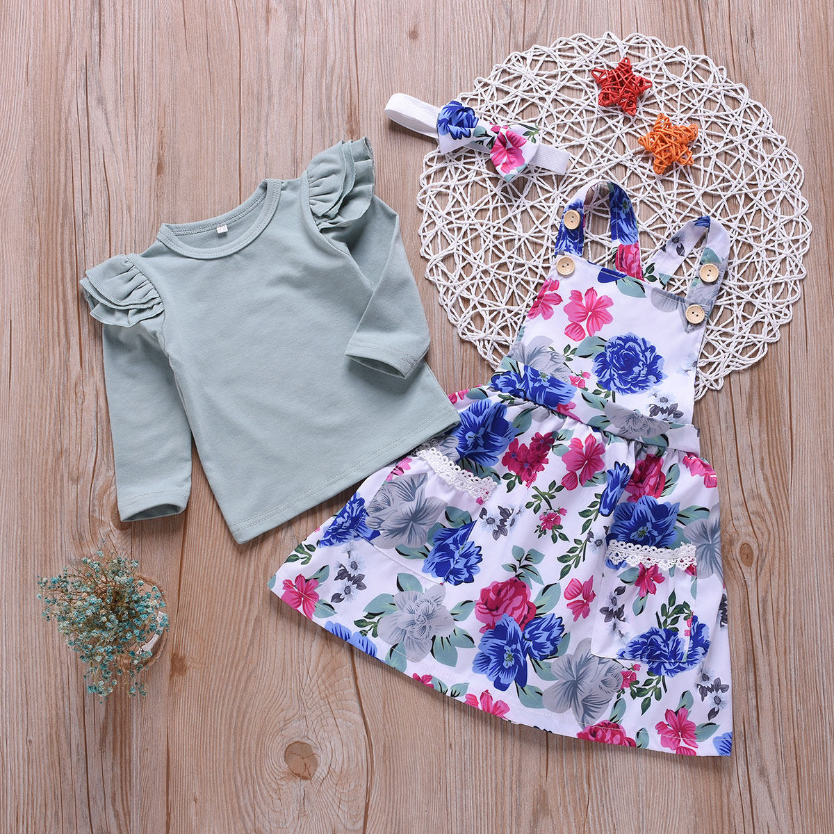 Conjunto de traje Casual para bebé niño niña Top con volantes de manga larga + falda con tirantes + Diadema con lazo 3 unids/set de vestido de verano para niña