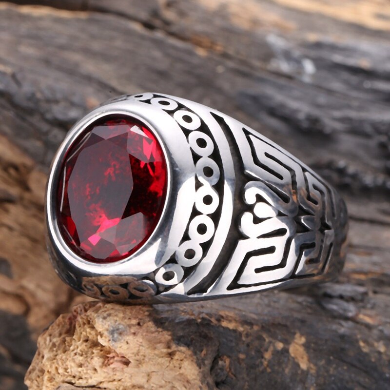 Red Zircon Men's Ring 316L Stainless Steel Ring Punk Biker Unique Ring for Male Vintage Pattern Jewelry JZ0022