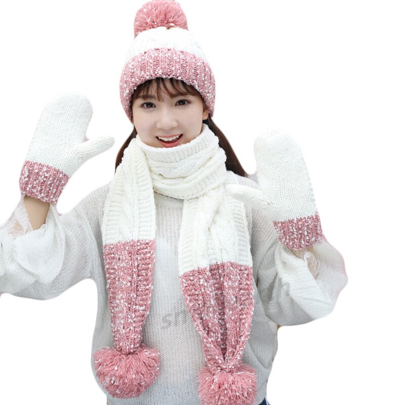 Conjunto de 3 piezas de gorros, bufandas y guantes de invierno para mujer, accesorios de invierno de punto grueso para niña, conjuntos de gorros, bufandas y guantes para mujer.