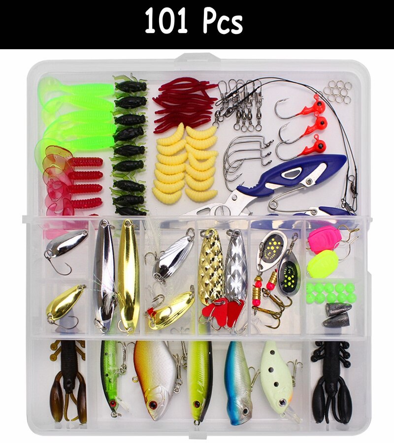 Multi fiskeri lokkesæt spinner crankbait minnow popper vib blød hård ske crank lokkemad fiskekroge tilbehør til redskabsboks: 101 stk-b