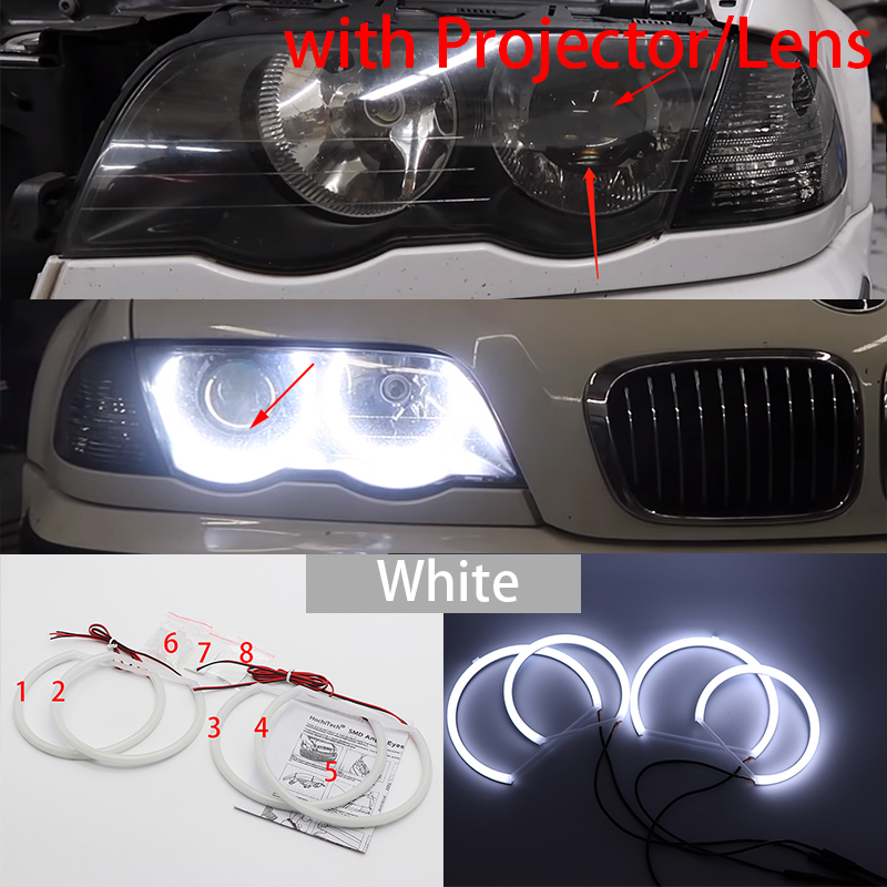 WHITE LED Headlight Halo Angel Demon Eyes Kit angel eyes light for BMW 3 series E46 sedan touring wagon coupe compact 1998-2005: 4. With Lens W