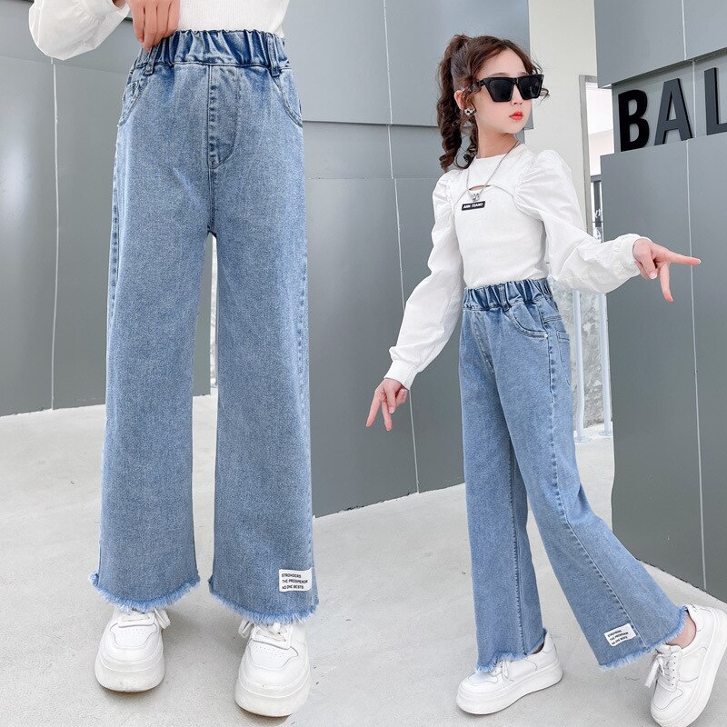 Pantalones vaqueros de pierna ancha para niñas, Jeans rectos de algodón con borlas, holgados, ropa de para Niñas Grandes, 2022