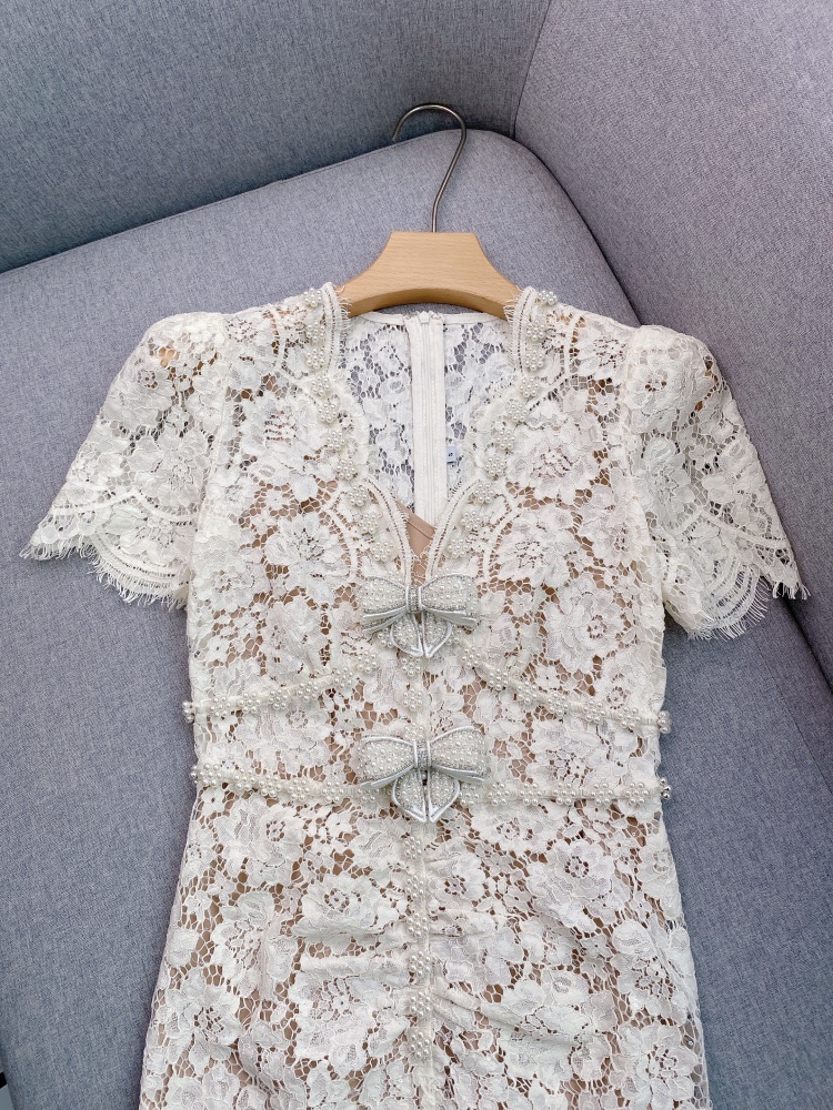 Elegante Spitze Lange Abendkleider Frauen Sommer Kurzarm Perle Kette Bogen Aushöhlen Mantel Bleistift Midi Kleid Party