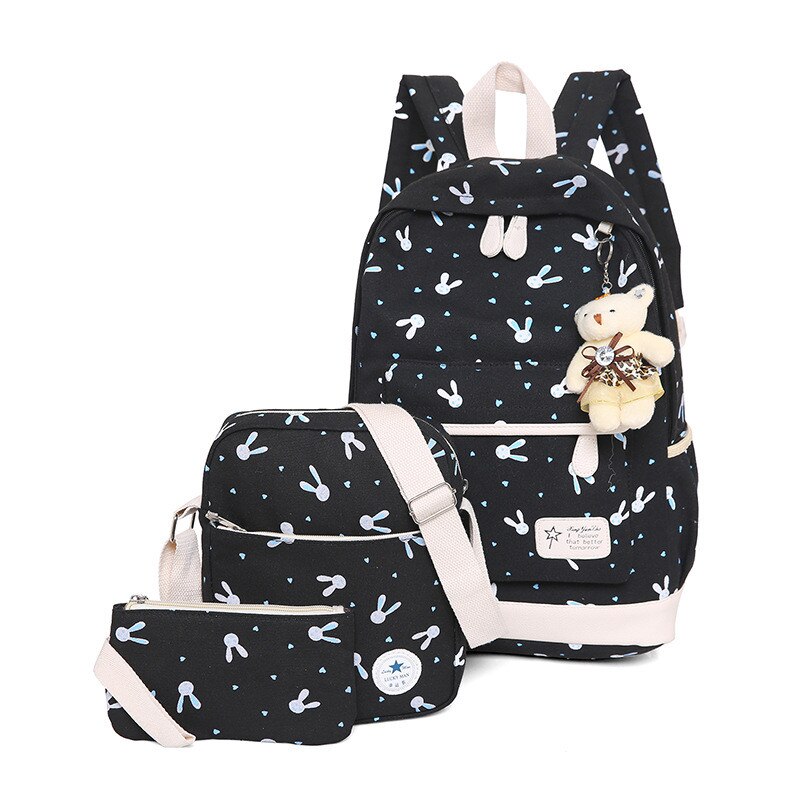 3Pcs/set Women Backpack School Bags Rabbit print Laptop Backpacks With Bear for Teenagers Girls Travel Bag Rucksacks Mochila: Black