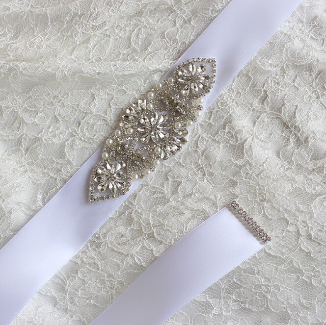 Brillant blanc Satin ceinture strass ceinture de mariée ceinture de mariage accessoire Applique pour soirée robes de bal décoration de mariage: WHITE
