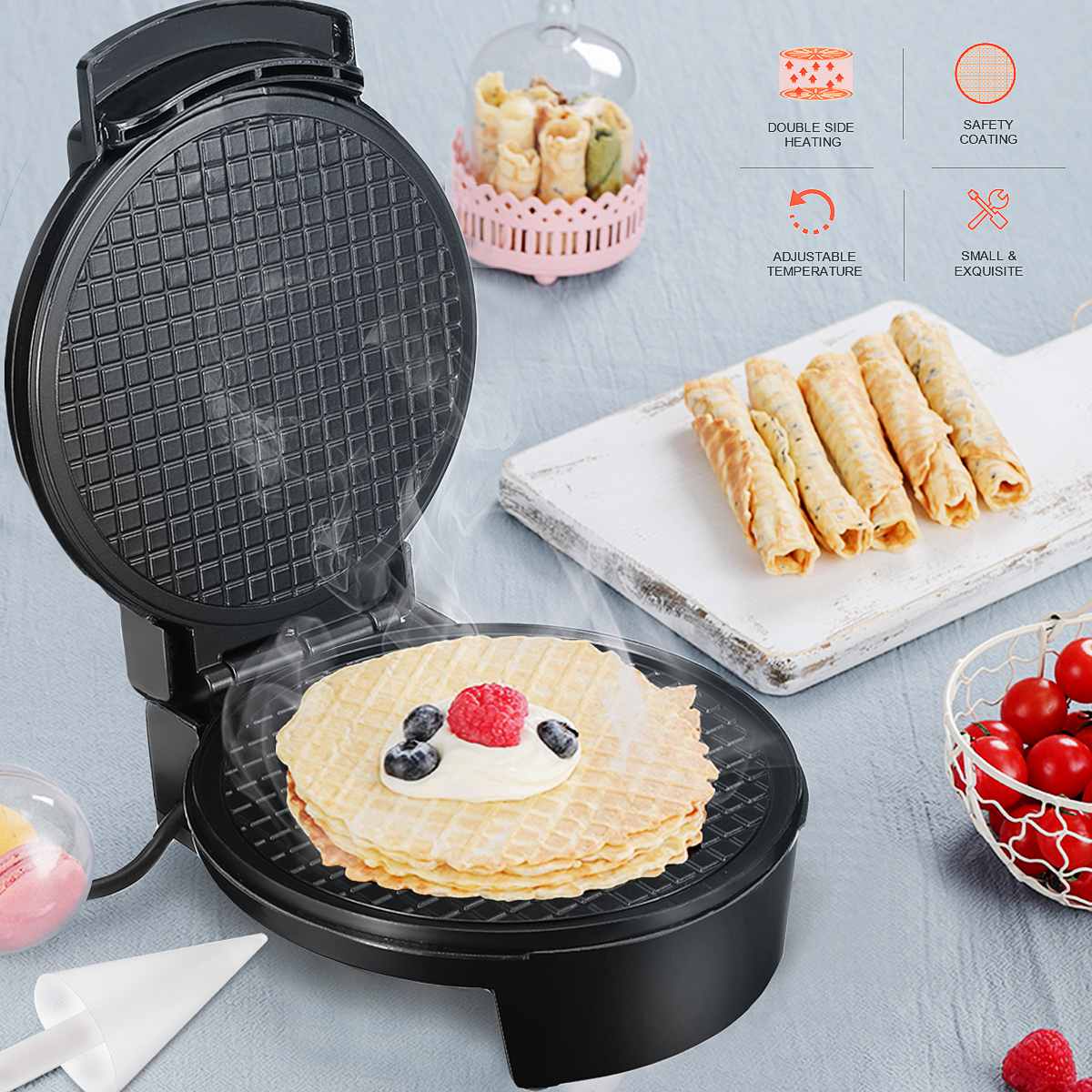 LED Electric Eggs Roll Maker Crispy Omelet Non-Stick Baking Pan Waffles DIY Ice Cream Machine Automatic Temperature Control