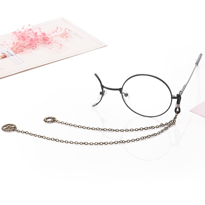 Vintage glasses with chain one eye round metal frame optical glasses steam punk style retro eyeglasses half frame: black left