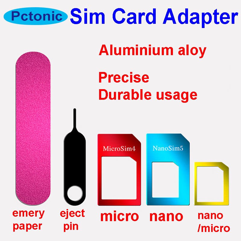 Pctonic metall nano sim-kort adapter standard micro sim-kort passande skärhylsa med fack mata ut nål stift för iphone samsung