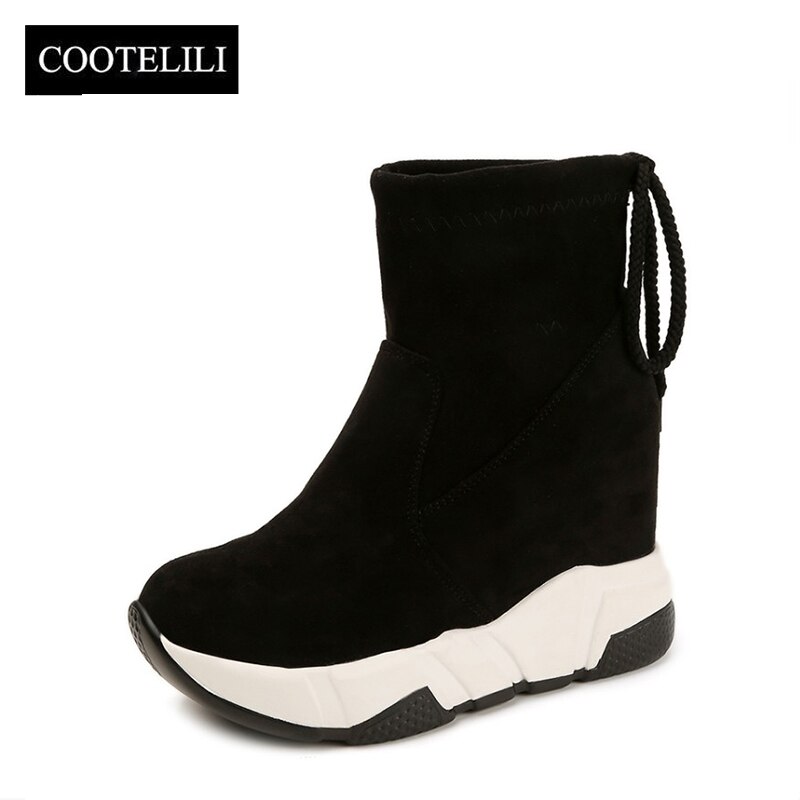 Cootelili Vrouwen Enkellaarsjes Platforms Schoenen Vrouw Hoge Hakken Binnen Hoogte Toenemende Faux Suede Laarzen Lace Up Sneakers 35-39