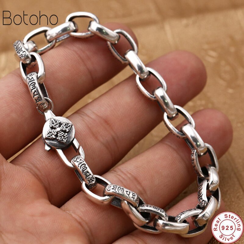 Novo buda pulseira masculino sólido 925 prata esterlina cor mantra pulseiras para mulheres alta polido retro preto artesanal jóias