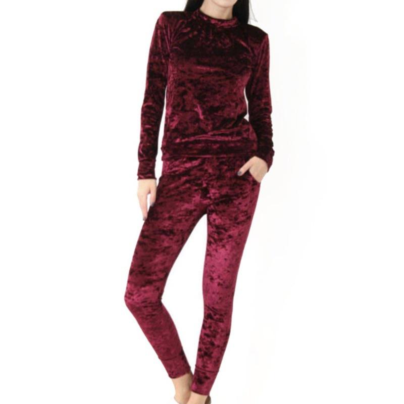 2 stuks koreaanse fluwelen trainingspak voor dames herfst/winter lange mouwen ronde hals sweatshirt en joggingbroek effen kleur sportkleding dames: Wijnrood / S