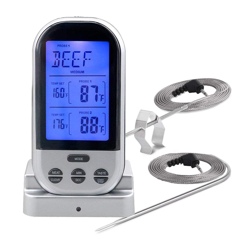 Asypets digitalt kødtermometer med vandtæt dobbelt sonde trådløst fjerntermometer til grill, ovn, ryger, grill -25: Sølvgrå
