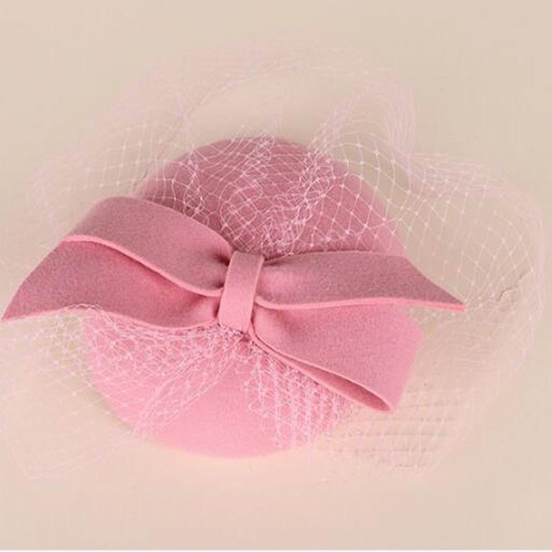 100% Wool Fedora Hat Fascinators for Women Pink Wedding Dress Tea Party Pillbox Woolen Cap Female S3070