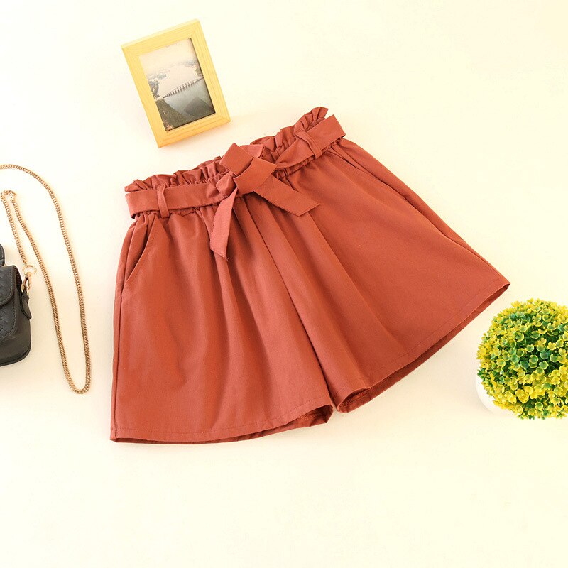 Elastic waist tie bow Loose Cotton shorts Womens summer Korean ruffles wide leg shorts for women wild casual Shorts: Brick-red