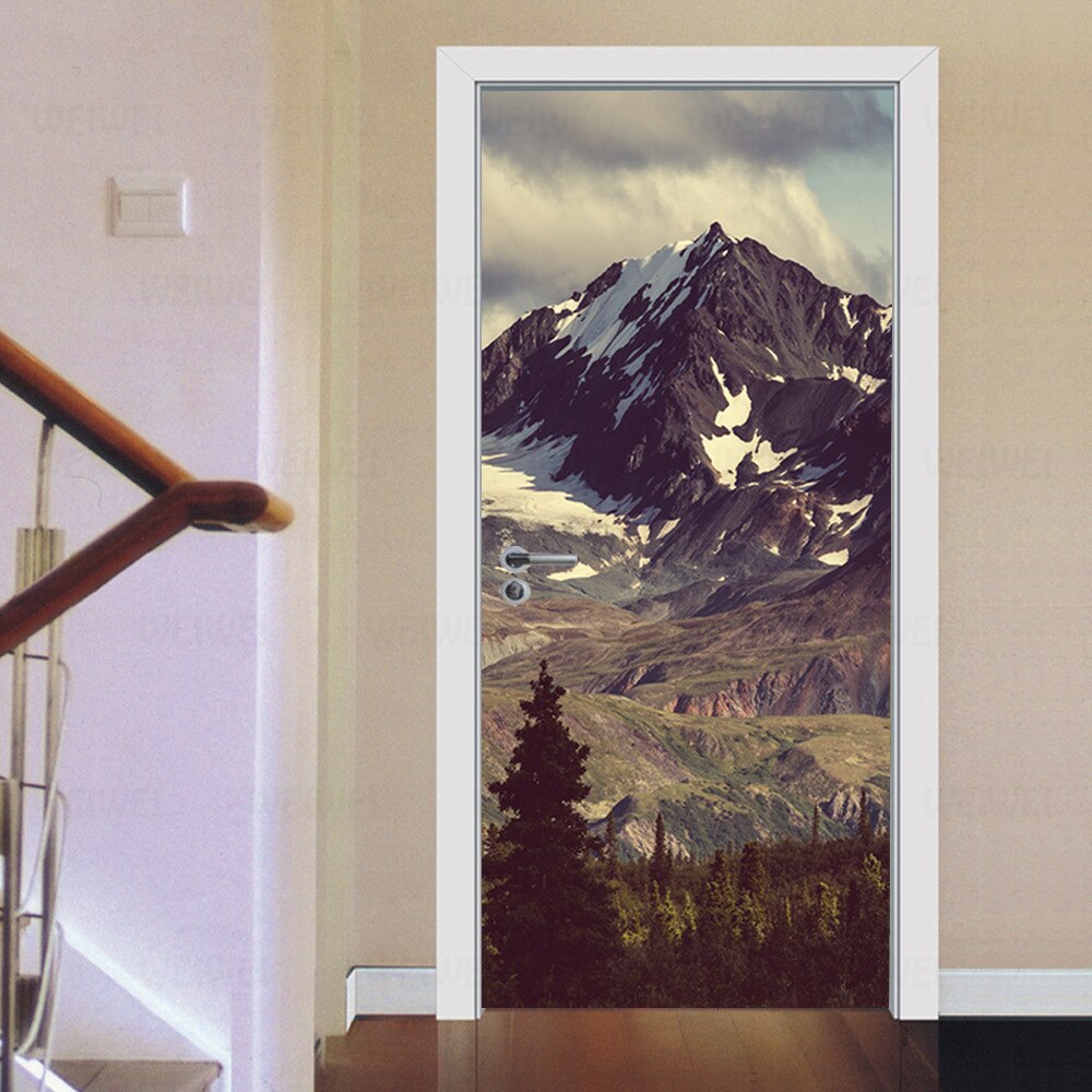 Snow Mountain Beautiful Scene Door Sticker Waterproof Wallpaper For Doors Living Room Bedroom Poster DIY Mural Decals Home Decor