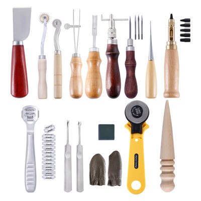 Leather Craft Punch Tools Set Kit Stitching Carving Working Sewing Saddle Groover Leather Crafts Tools Skiving Knife: N