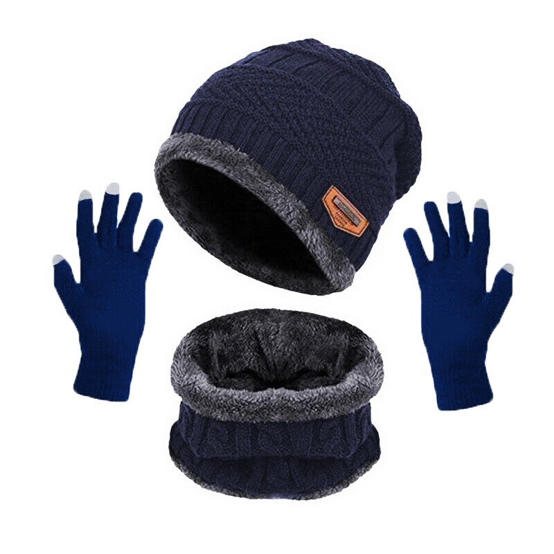 Conjunto de gorro y bufanda de punto para hombre, conjunto de 3 piezas de gorro y guantes de felpa cálida para deportes al aire libre, gorro de esquí, bufandas de anillo sólido, Invierno: navy blue