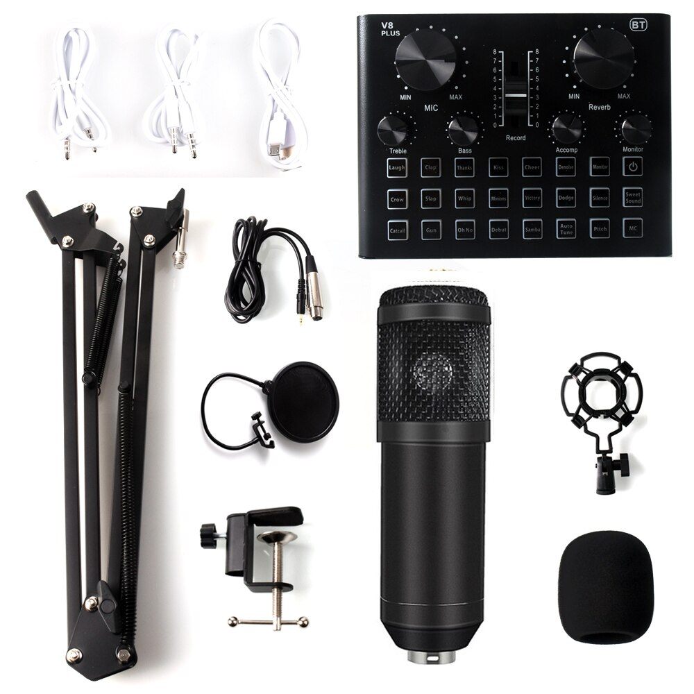 bm 800 Microphone Studio Recording Kits bm800 Condenser Microphone for Computer Phantom Power Karaoke Sound Card: black V8Plus D