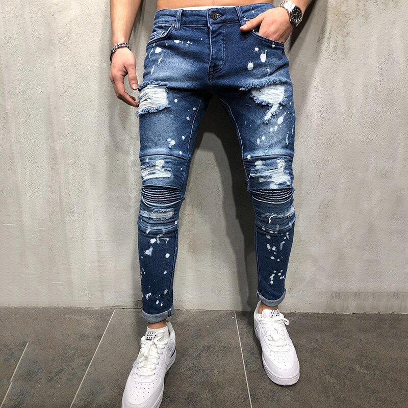 Stretch Slim Fit Pleated Spray Paint Pants Men's Jeans European and American Ripped Men's Jeans