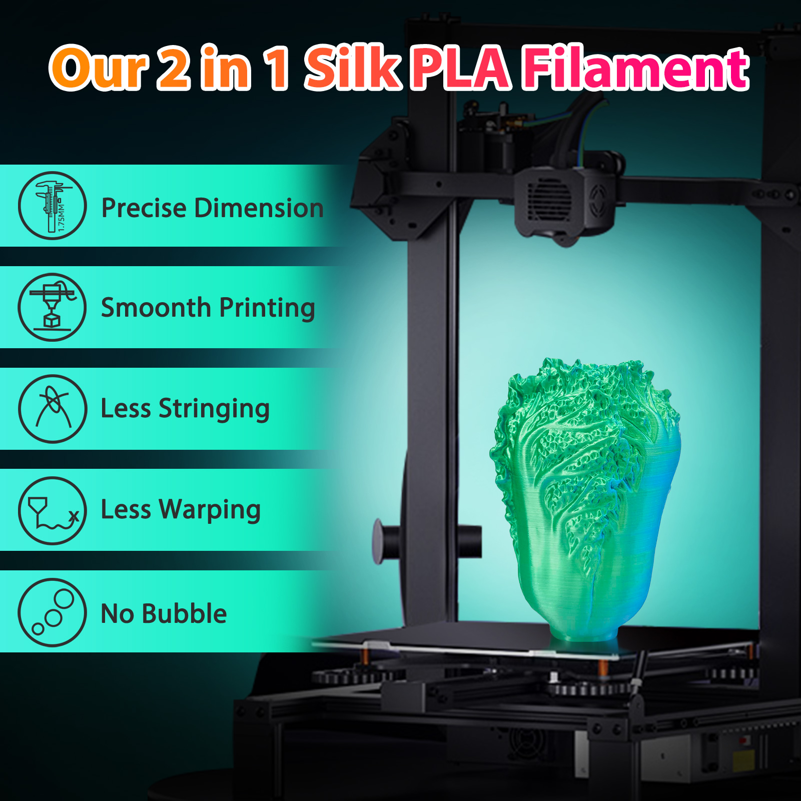 Seiden-PLA-3D-Drucker-Filament, 1,75 mm, 250 g, zweifarbiges 3D-Druckfilament, PLA-3D-Druckfilament, 2-in-1-Farbe, Himmelblau, Grün