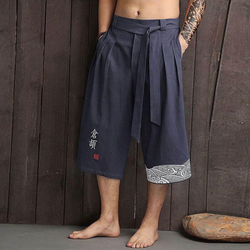 Pantalon japonais traditionnel en lin pour homme, court, kimono, vêtement de bain asiatique décontracté et ample, Yukata: 4XL / navy blue