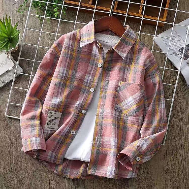 Nastolatek dzieci chłopcy koszule z długim rękawem luźna w kratę bluzka wiosna jesień fajna bawełna dzieci chłopcy camisas 4 6 8 10 12 lat: różowy / 4T(tag110)