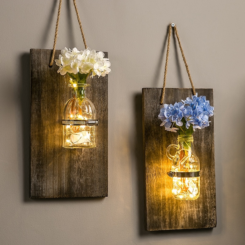 Pak van 2 Creatieve Mason Jar Wandkleden Ornament Silk Hortensia Bloem en LED Strip Verlichting voor Thuis Decoratie