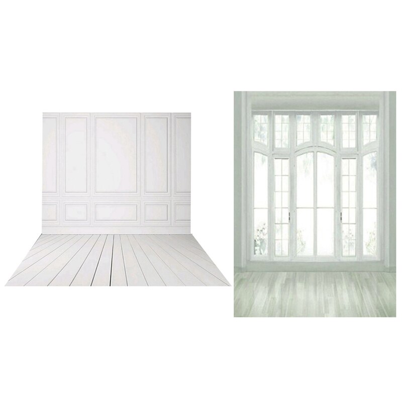 2Stck 3X5Ft Vinyl Fotografie Kulissen Hochzeit Hintergrund für Foto Studio-Weiße Ziegel Zauberstab Holz Boden & Europäischen Fenster boden: Ursprünglich Titel