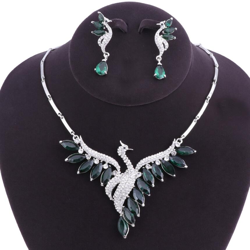 Wedding Bridal Jewelry Sets Peacock Necklace Earrings Set Party Prom Wedding Accessories Decoration: Green Silver