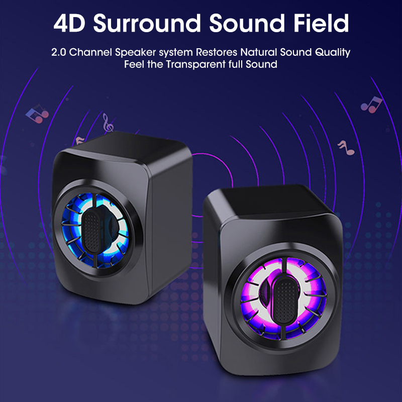 4D Computer Speakers Colorful RGB Light Stereo Surround Soundbar Bass Subwoofer Speaker for Laptop PC Home Theater Small Speaker