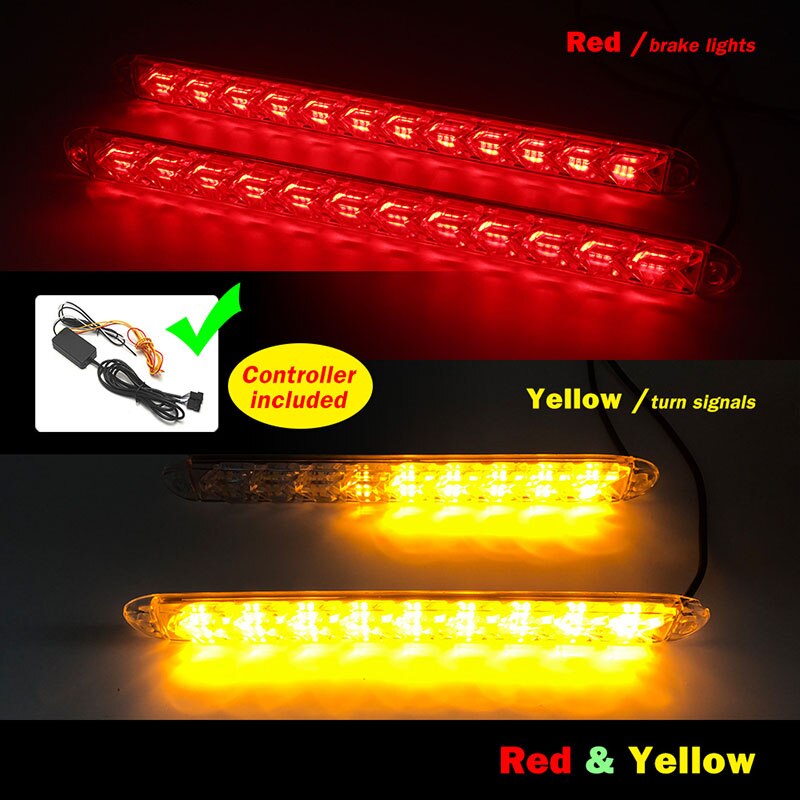 2 STUKS DRL Strips Richtingaanwijzers Remlichten Rood/Wit Flow Sequential Geel Amber DC 12 V Waterdicht externe Licht: 32cm 12LED / Red and Yellow