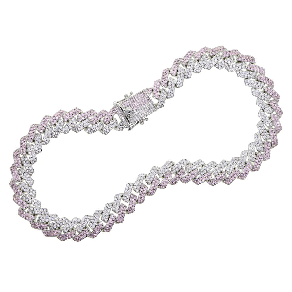 luxury Rock Iced Out hip-hop bling Bling wide Miami cuban link chain purple White cubic zirconia cz choker necklace Jewelry: silver pink white / 46cm