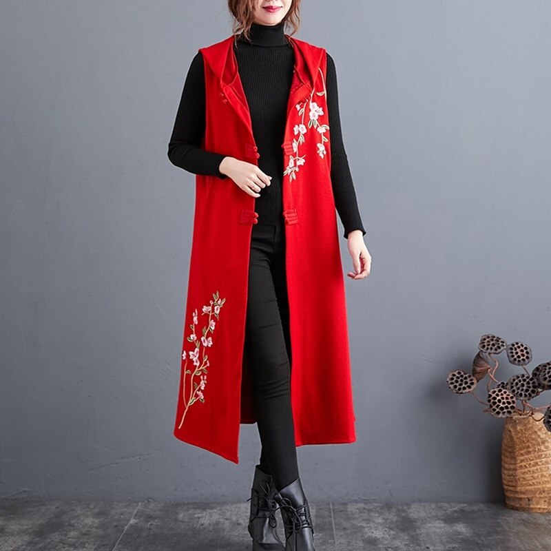 Chaleco para mujer, novedad de , chalecos con estilo chino para mujer, chaqueta sin mangas, bordado Vintage, chaleco largo y delgado étnico 11424