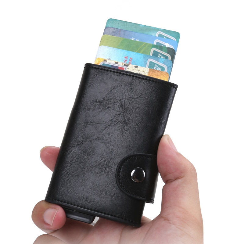 Metall kredittkortholder automatisk elastisk vintage kort id holdere aluminium lommebok pu skinn anti-tyveri rfid blokkerende lommebok