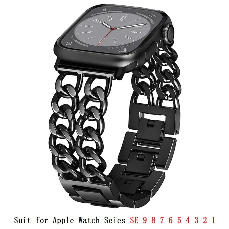 Apple watch-rem til watch series ultra 9 8 7 6 5 4 armbånd 40 49 44 45 41mm metalkæde rustfrit stål iwatch-urrem: M / Sort