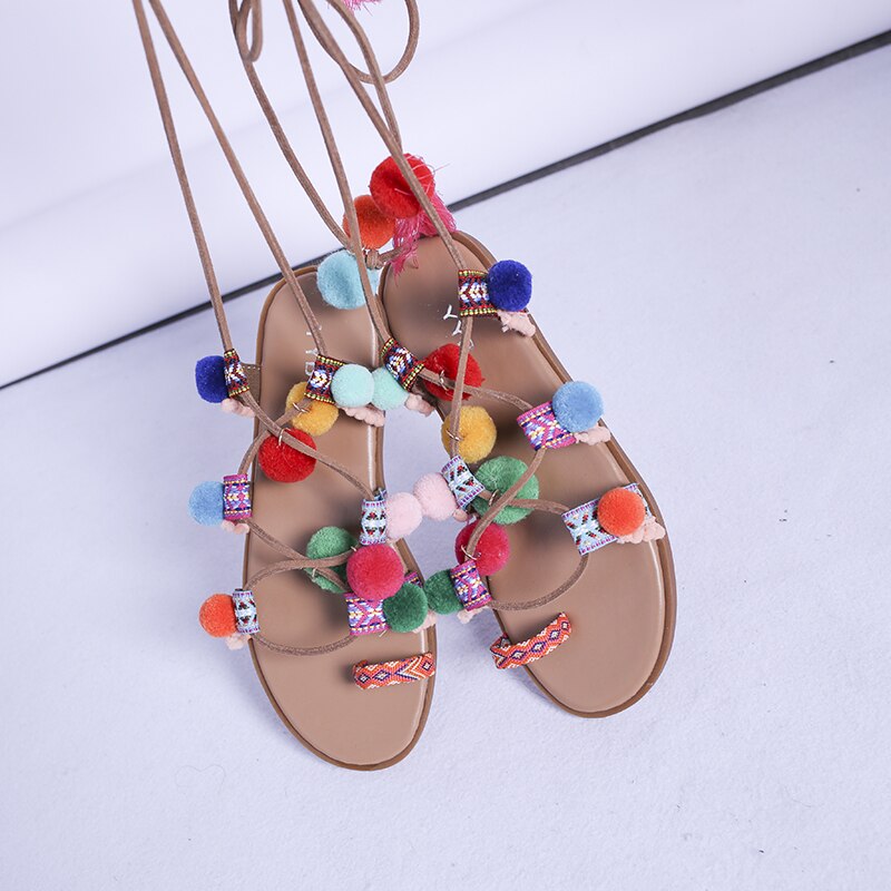 Summer Bohemian Lace-up Sandals Women Style Sweet Colour Fuzzy Ball Flat Cross-tied Shoes Mixed Colors Ankle-strap Sandals