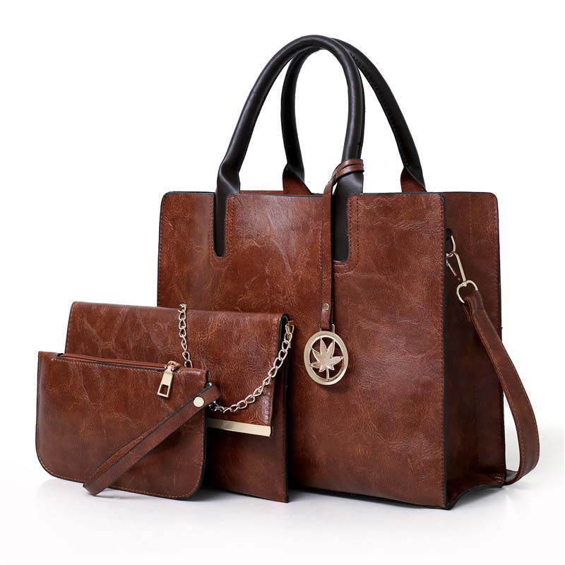 3 uds las mujeres bolsa de bolsa de bolso de cuero de poliuretano para mujer sólida bolsa de mensajero de color hombro cartera bolsas para las mujeres: Marrón claro