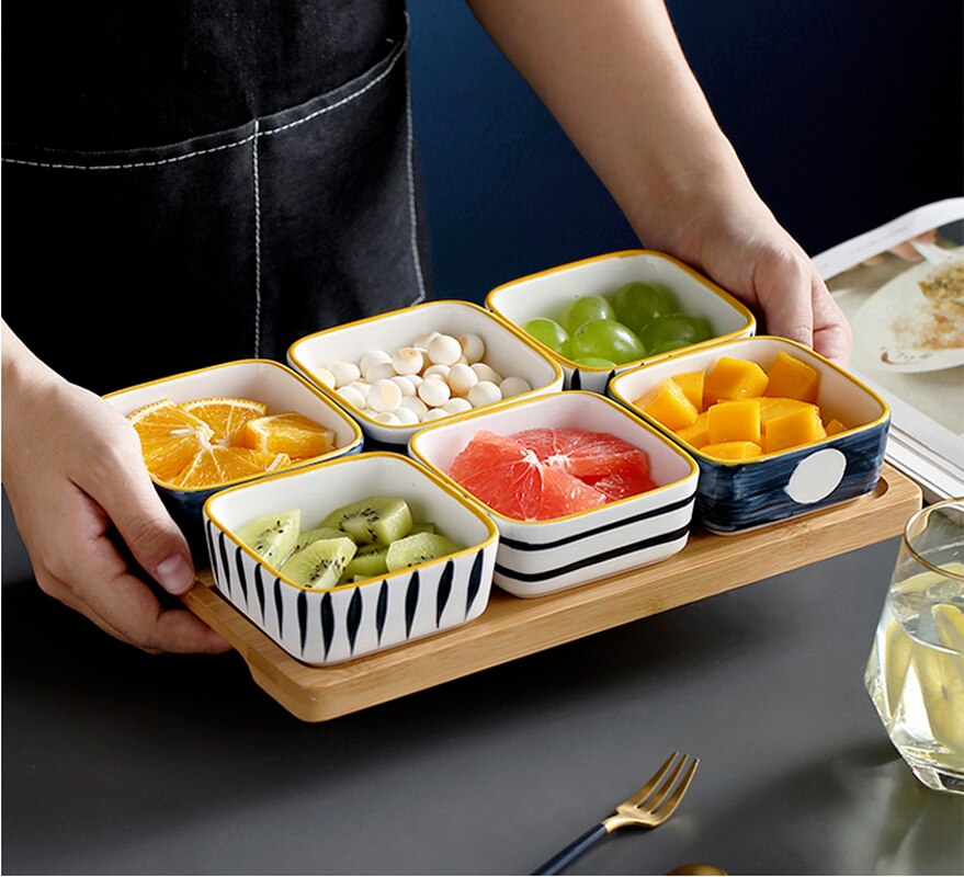 Plato divisor de cerámica para el hogar, bandeja de madera, plato de aperitivos de estilo japonés, con rejilla dividida, plato de fruta seca