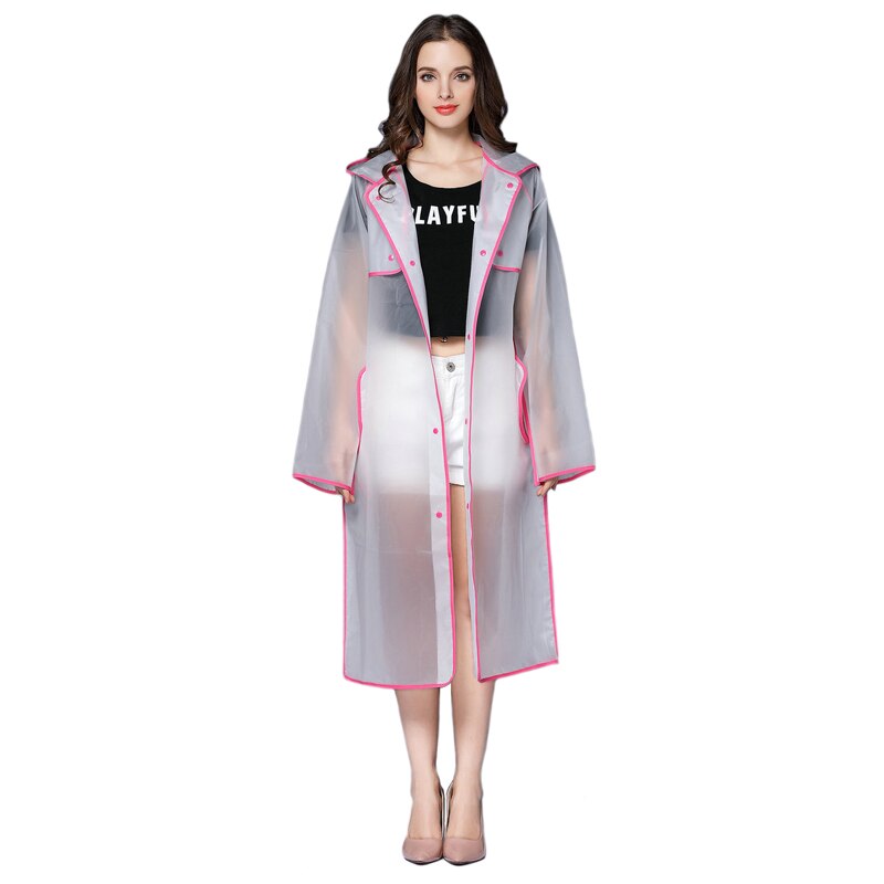 Chubasquero impermeable de plástico transparente para mujer, chaqueta con capucha y bolsillo grande, ropa de lluvia al aire libre: Pink / XL