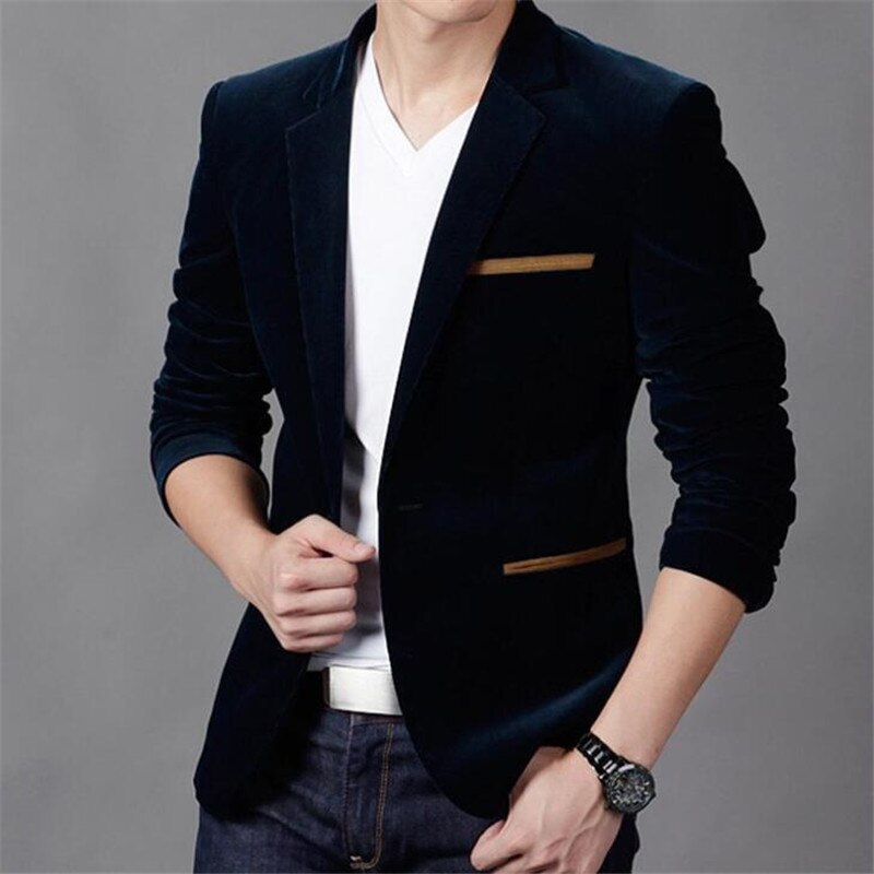 M-3XL Plus Size Men Blazer Slim Fit Cotton Jacket Black Navy Male Blazers Men Coat Wedding Blazers Outwear: Navy Blue / XL