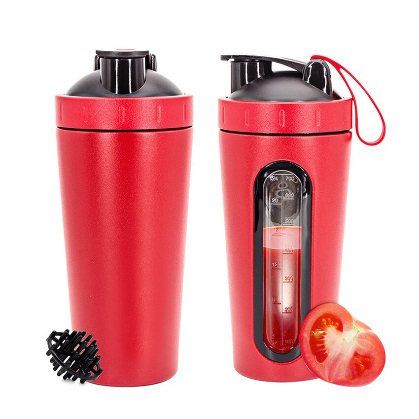 1Pc 700Ml Rvs Sport Water Mokken Shaker Flessen Met Schaal, outdoor Gym Fitness Schudden Cup Eiwitpoeder Mixer Fles: Rood