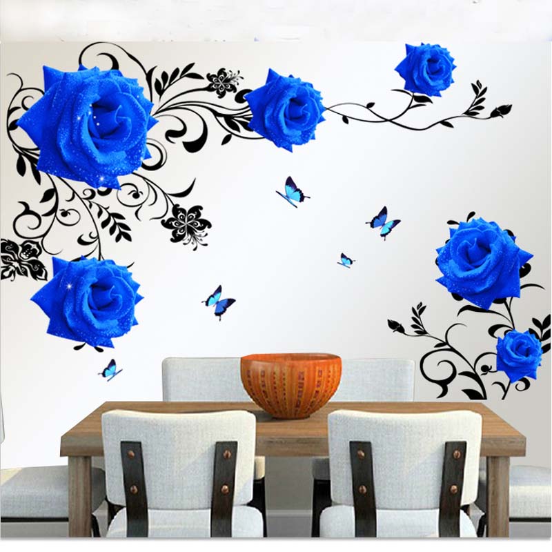 3d blue rose wall stickers home decor removable bedroom large flower wall decals for living room