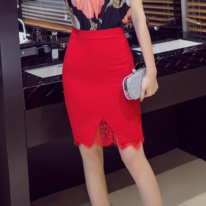 Plus Size Casual Formal Lace Patchwork Solid Skirt Women Skirts Stretch Slim Pencil Skirt Cute Ladies Midi Skirt: red / L