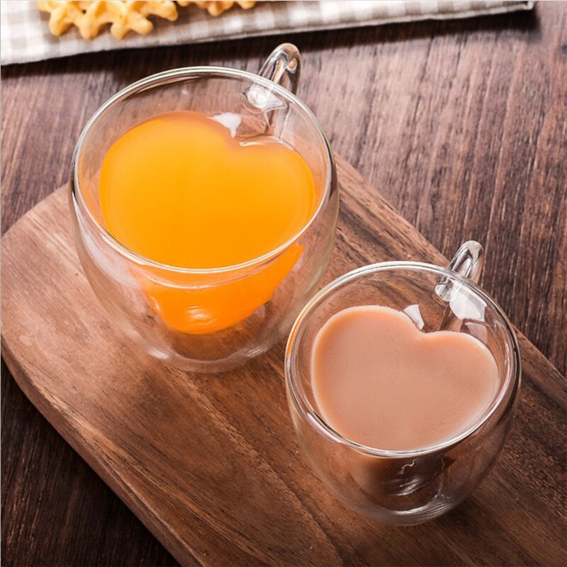 180ml/240ml Heart Love Shaped Tea Beer Mug Juice Cup Coffee Cups Mug Double Wall Glass Mug Heat-Resisting Drinkware