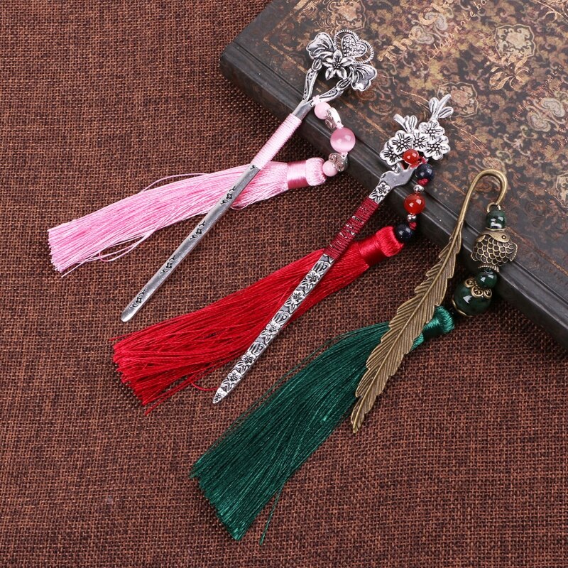 Chinese Style Vintage Classic Metal Bookmark Tassel Beads School Office Supplies P82A